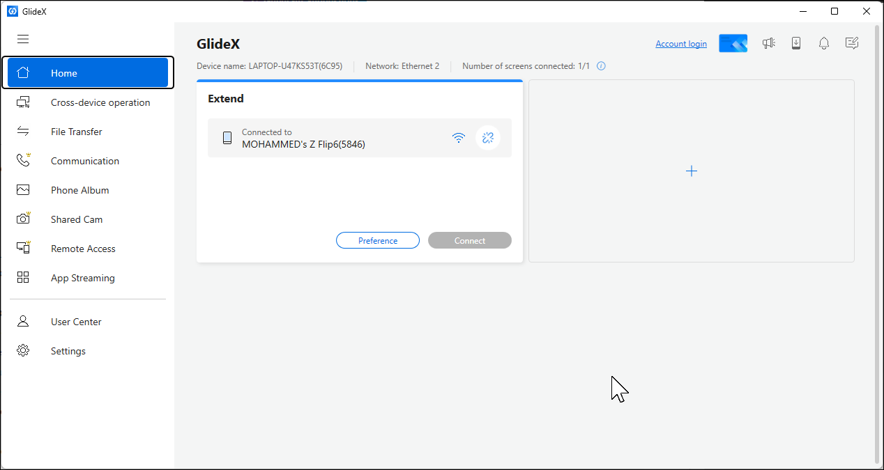 GlideX Home interface open on Windows 11
