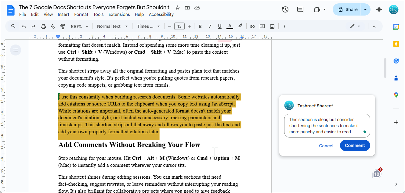 Google Docs Add comment dialog