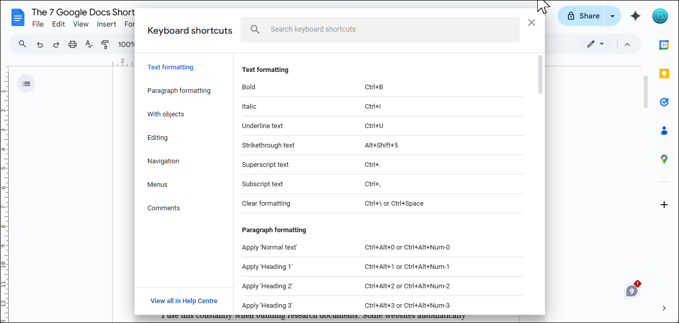 Google Docs all shortcut