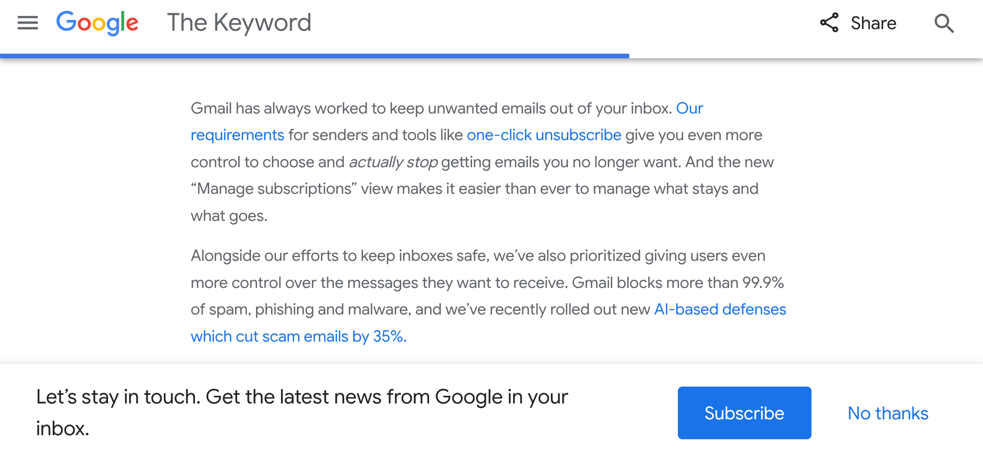 Google's Subscribe button on The Keyword