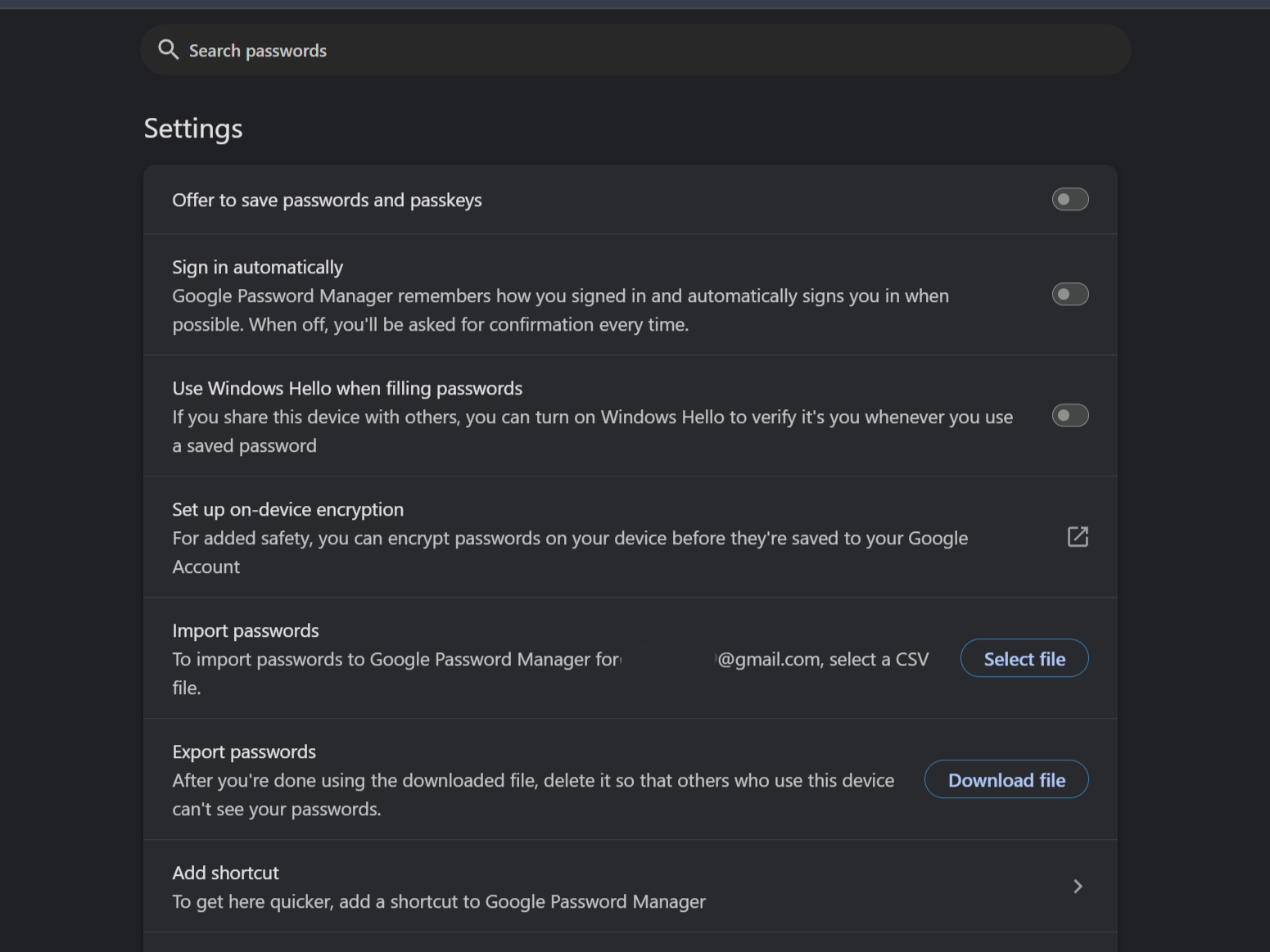 Google password manager settings in Google Chrome.