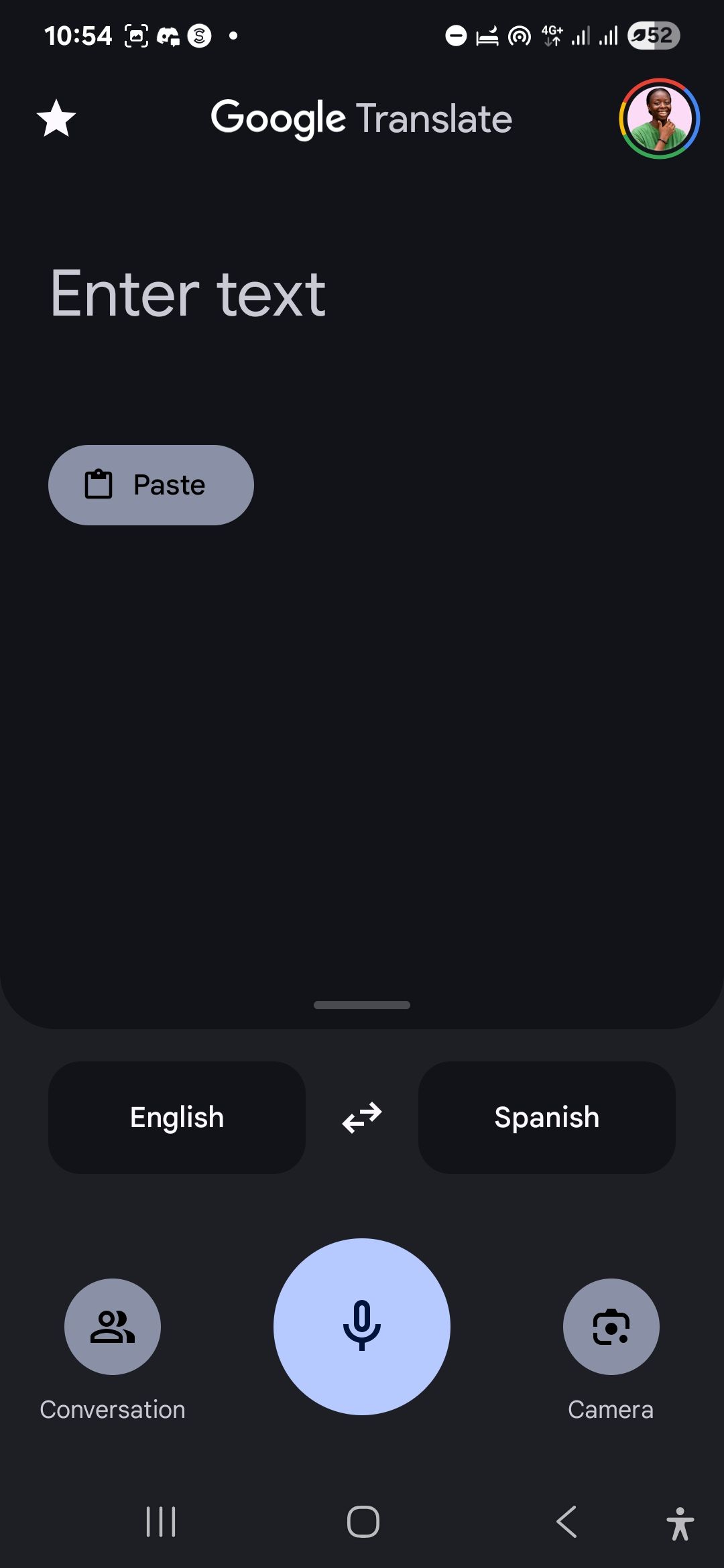 Google Translate homepage on an Android device