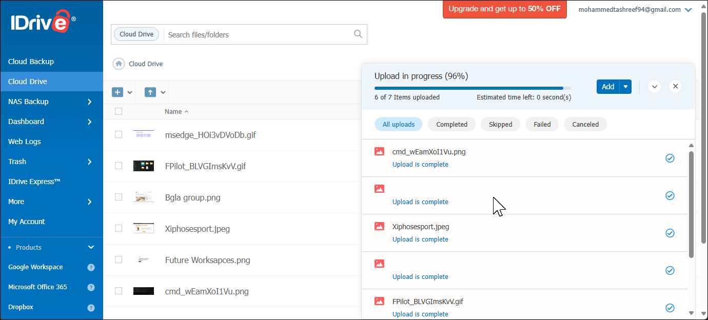 iDrive file uploading web interface