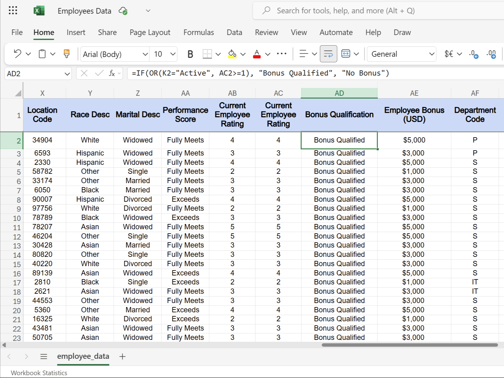 IF function with OR logic in Excel showing bonus qualification for employees