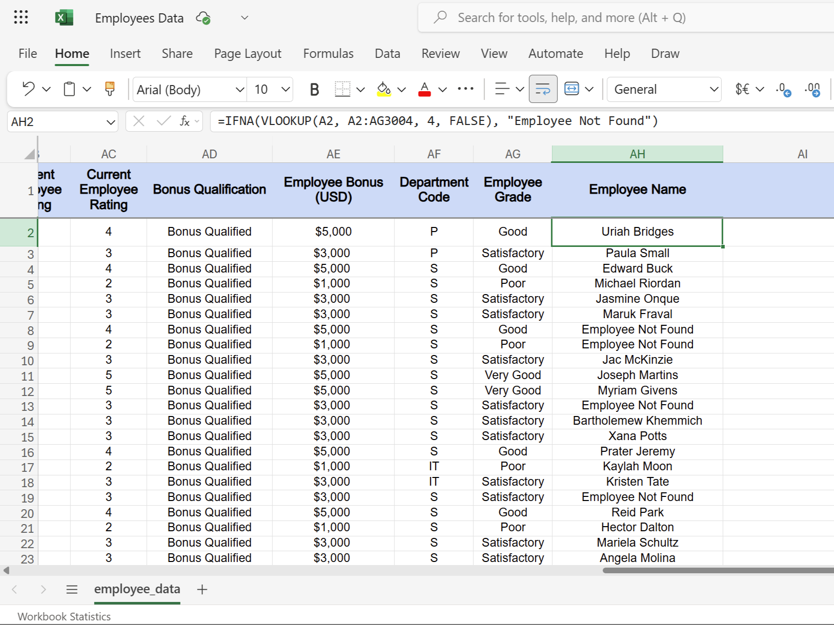 IFNA function in Excel showing employee not found in employees list