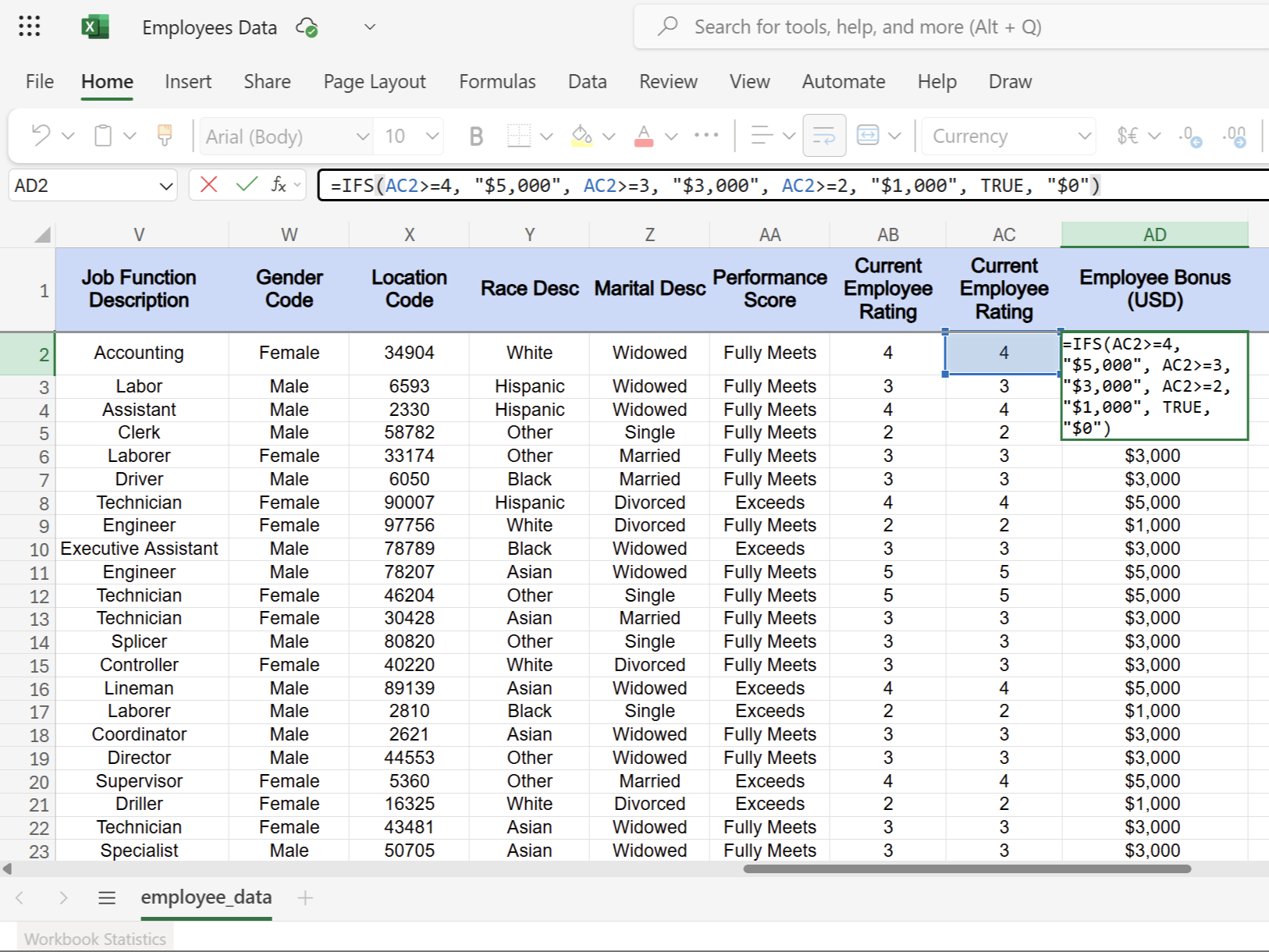 IFS function in Excel showing employee bonus amount for each employee