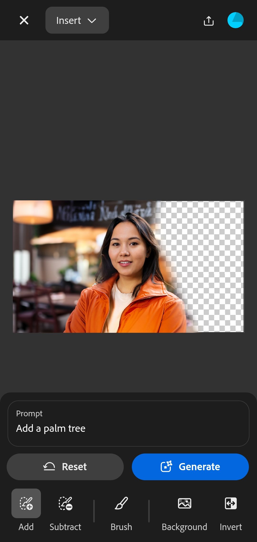 تصویری که نشان دهنده Adobe Firefly Filedative Fill Prompt Interface است