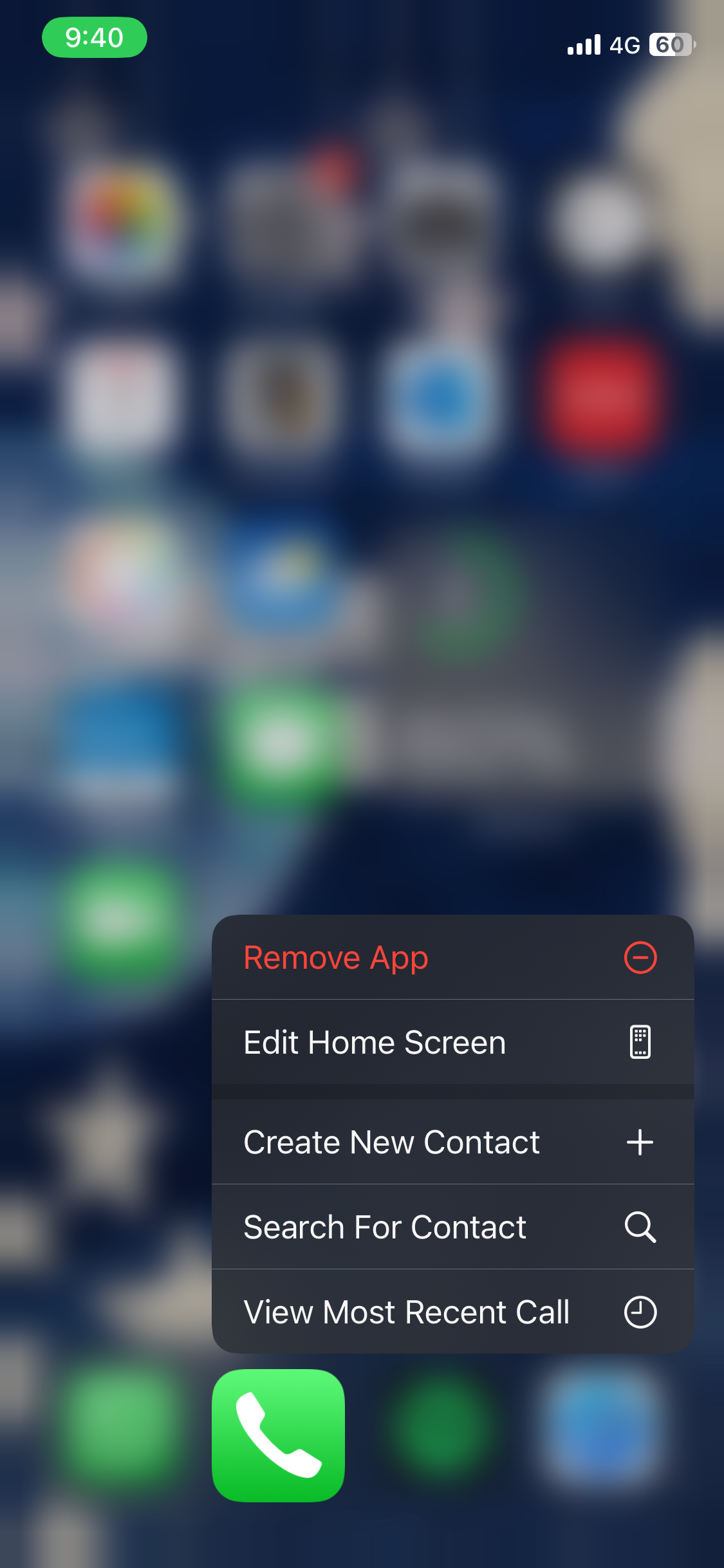 Context menu when Reduce Transparency setting is turned off