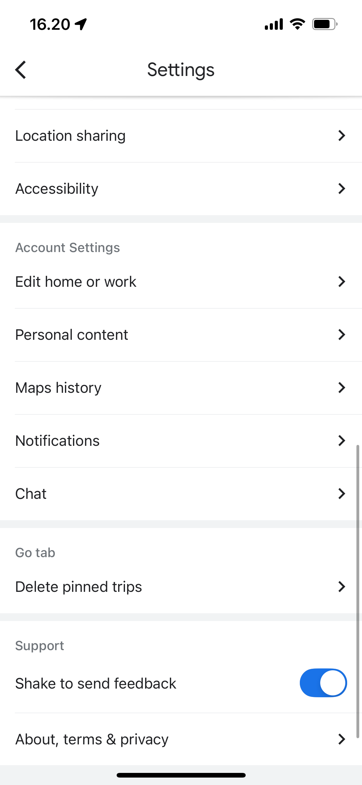 The Settings Window in Google Maps