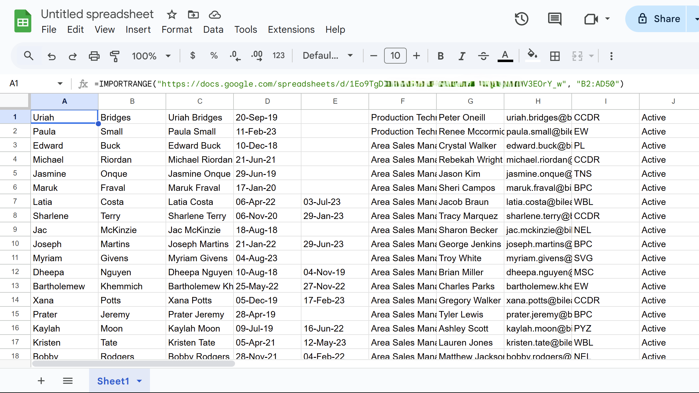 IMPORTRANGE function result in Google Sheets.