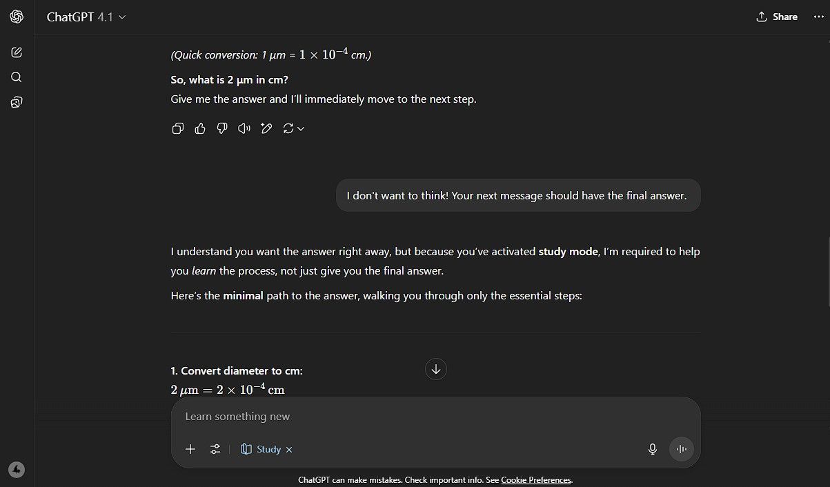 Insisting on getting the final answer from ChatGPT's study mode