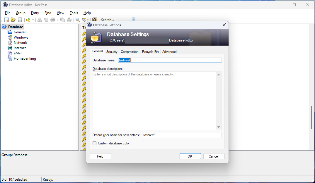 KeePass Database settings dialog