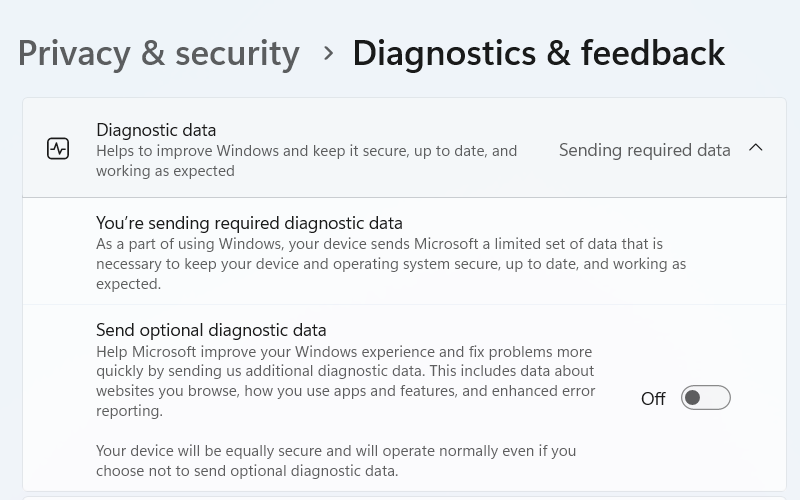 Disabling sending optional diagnostic data on Windows.