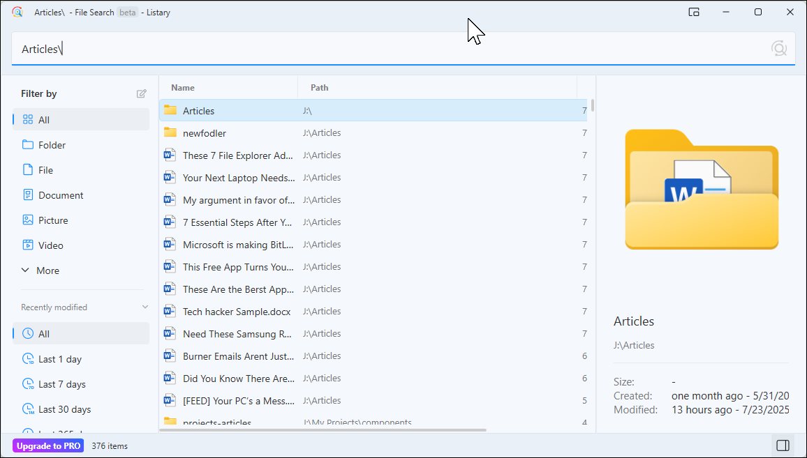 Listary File search dialog box