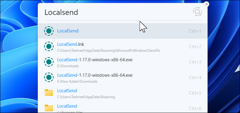 Listary quick launcher with localsend search results on Windows 11 desktop