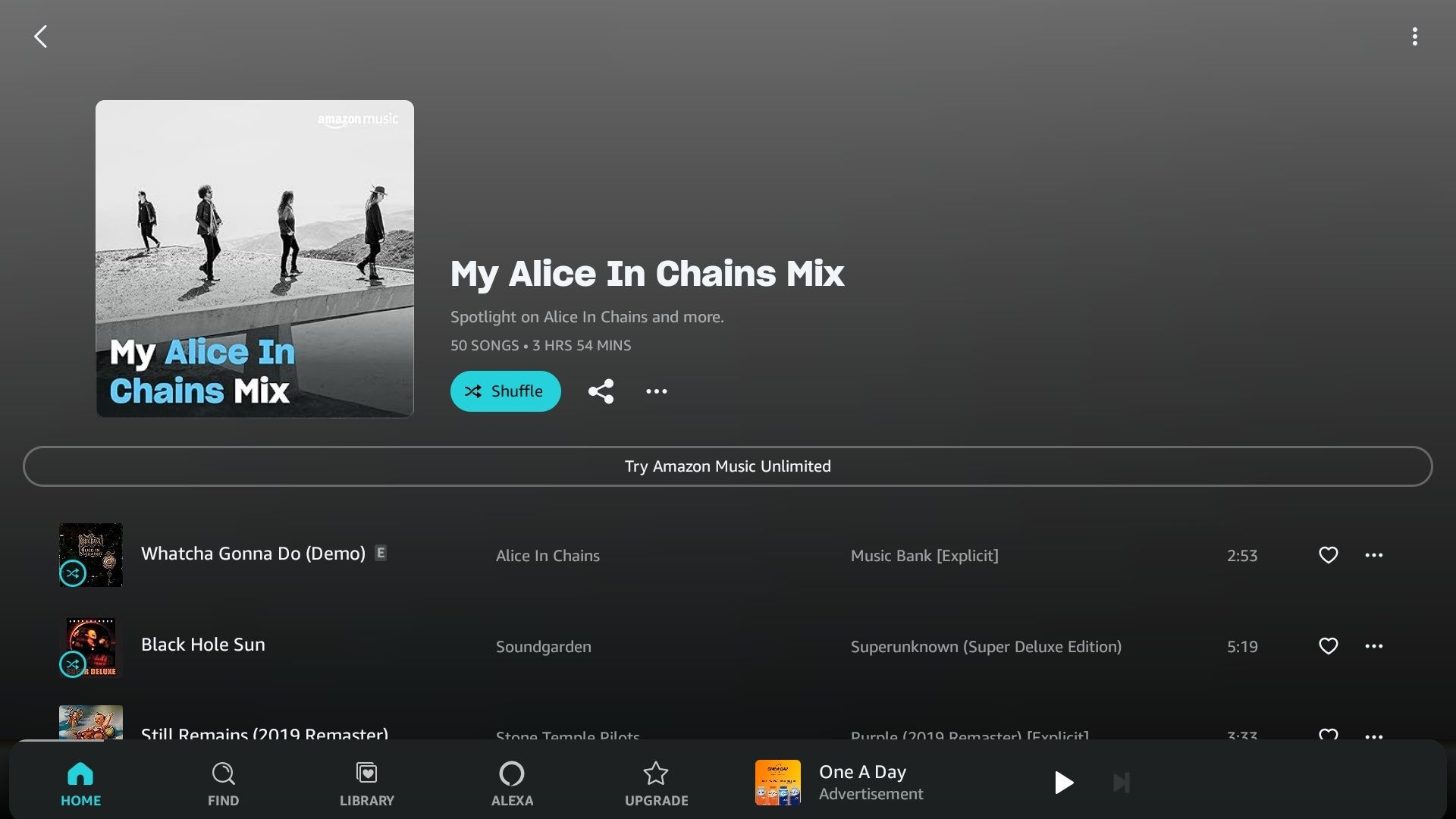 Listening to a playlist on shuffle of Alice in Chains on Amazon Music Prime