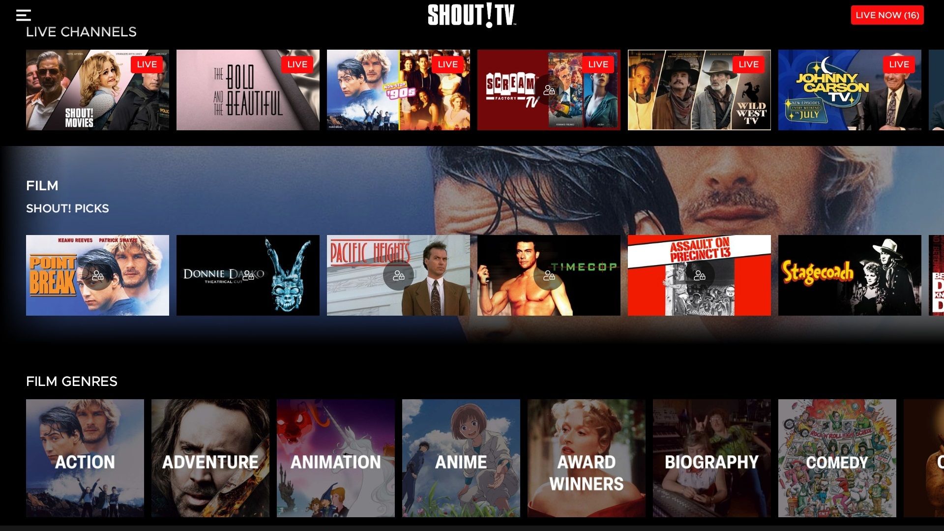Live channels, films, and film genres available to stream on the Shout! TV app-1