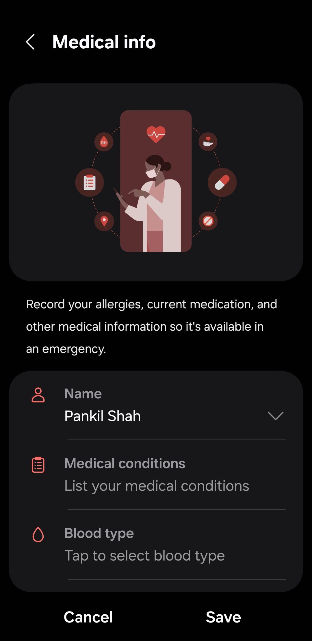 صفحه اطلاعات پزشکی در تلفن Android