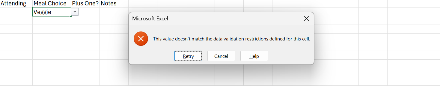 Microsoft Excel's Error Message for data validation