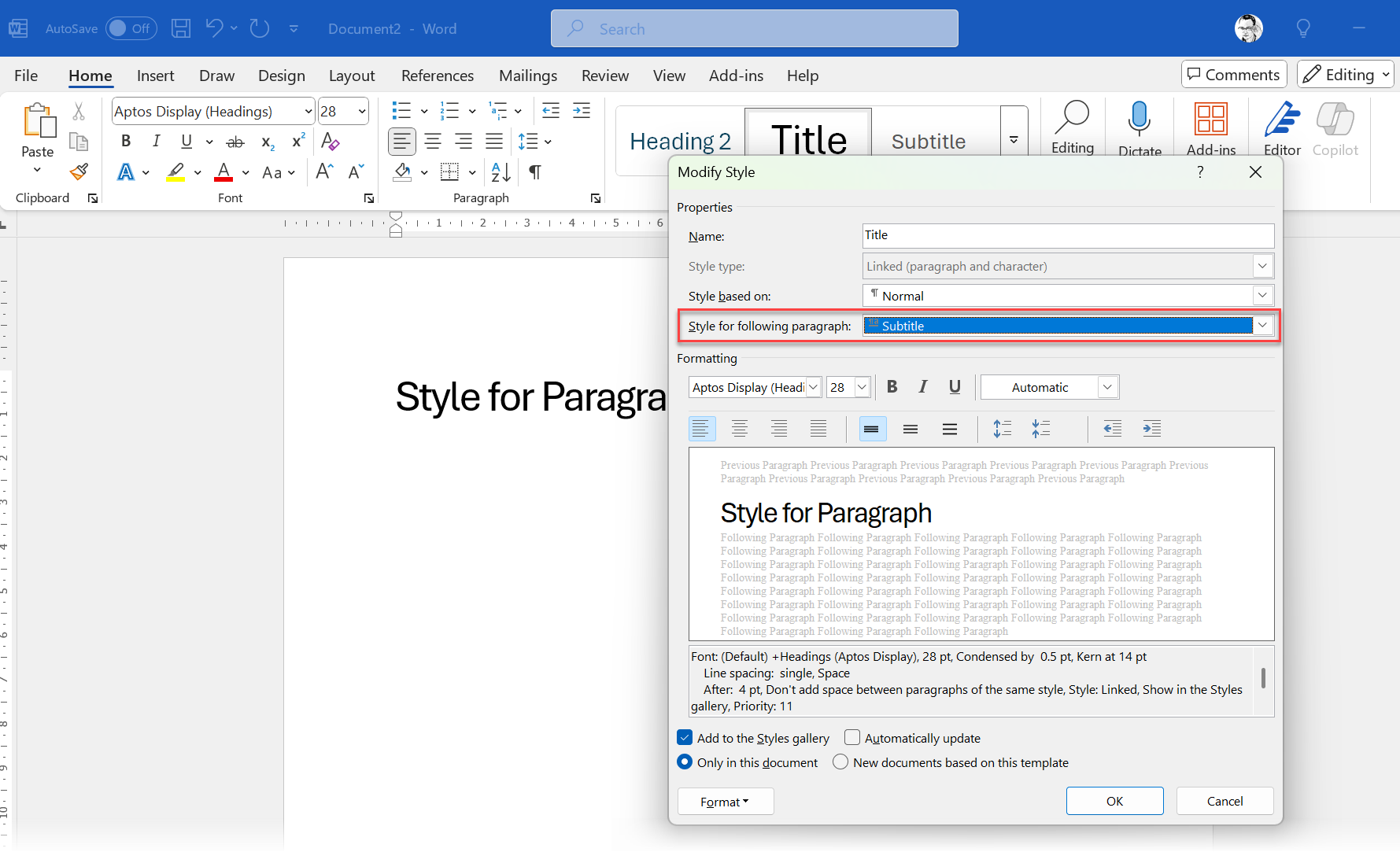 Microsoft Word Style for Following Paragraph