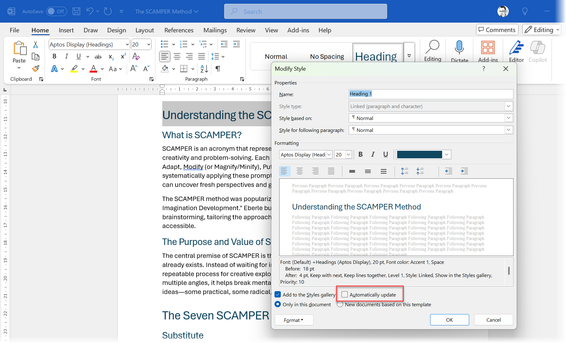 گزینه Microsoft Word Styles: به طور خودکار به روز کنید