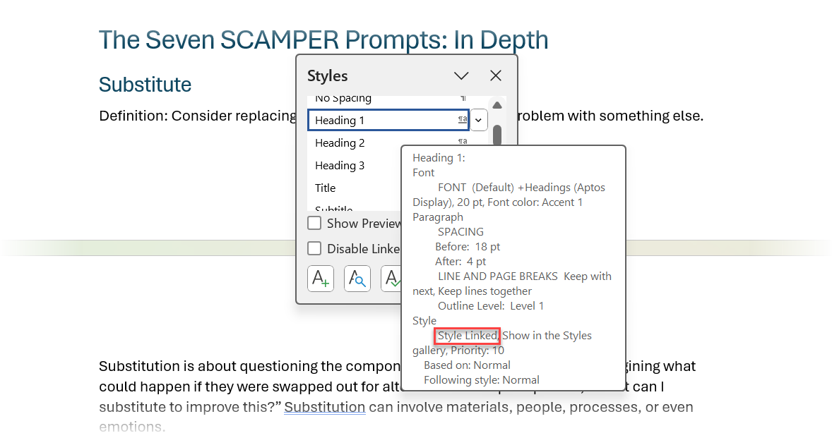 گزینه Microsoft Word Styles گزینه: سبک پیوندی
