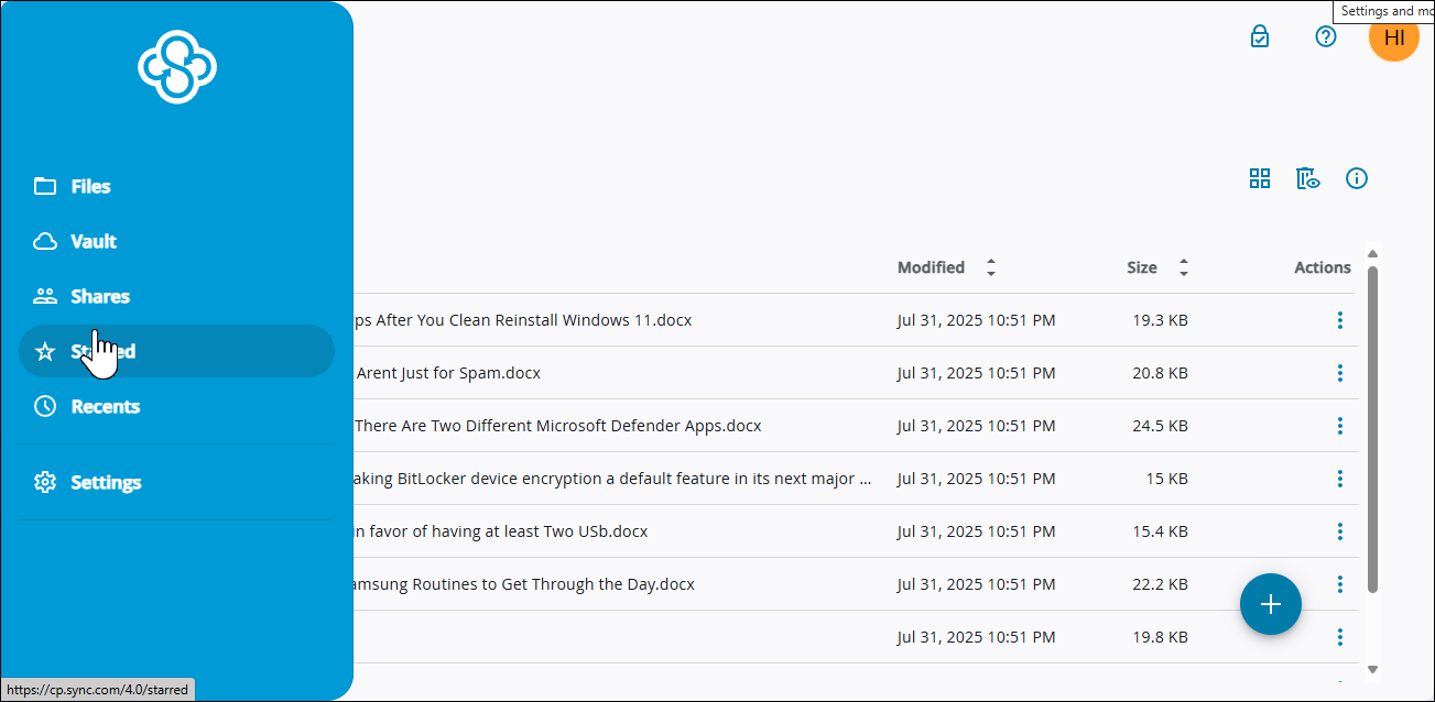 Sync.com file manager on the web interface