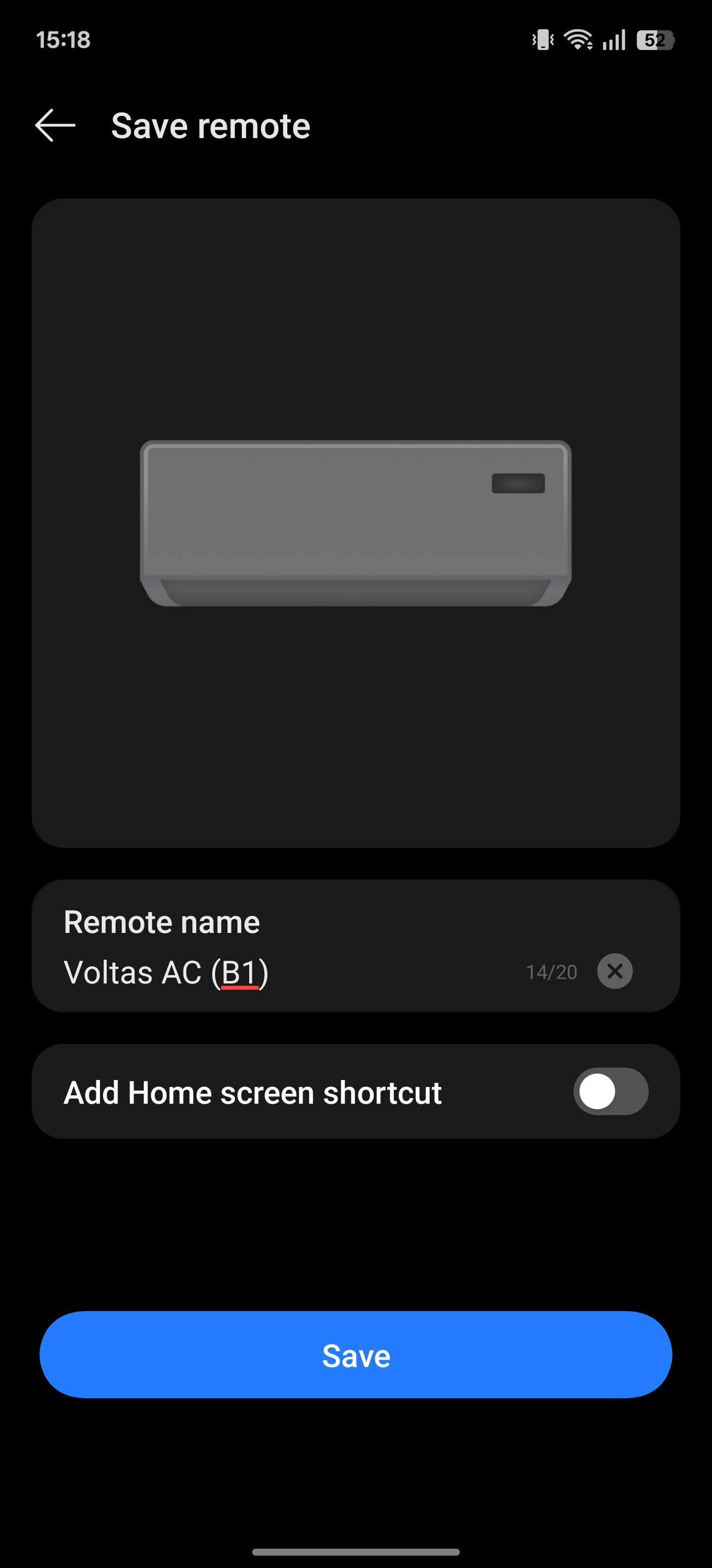 Typing a name for the controller on the Save remote screen in IR Remote app.
