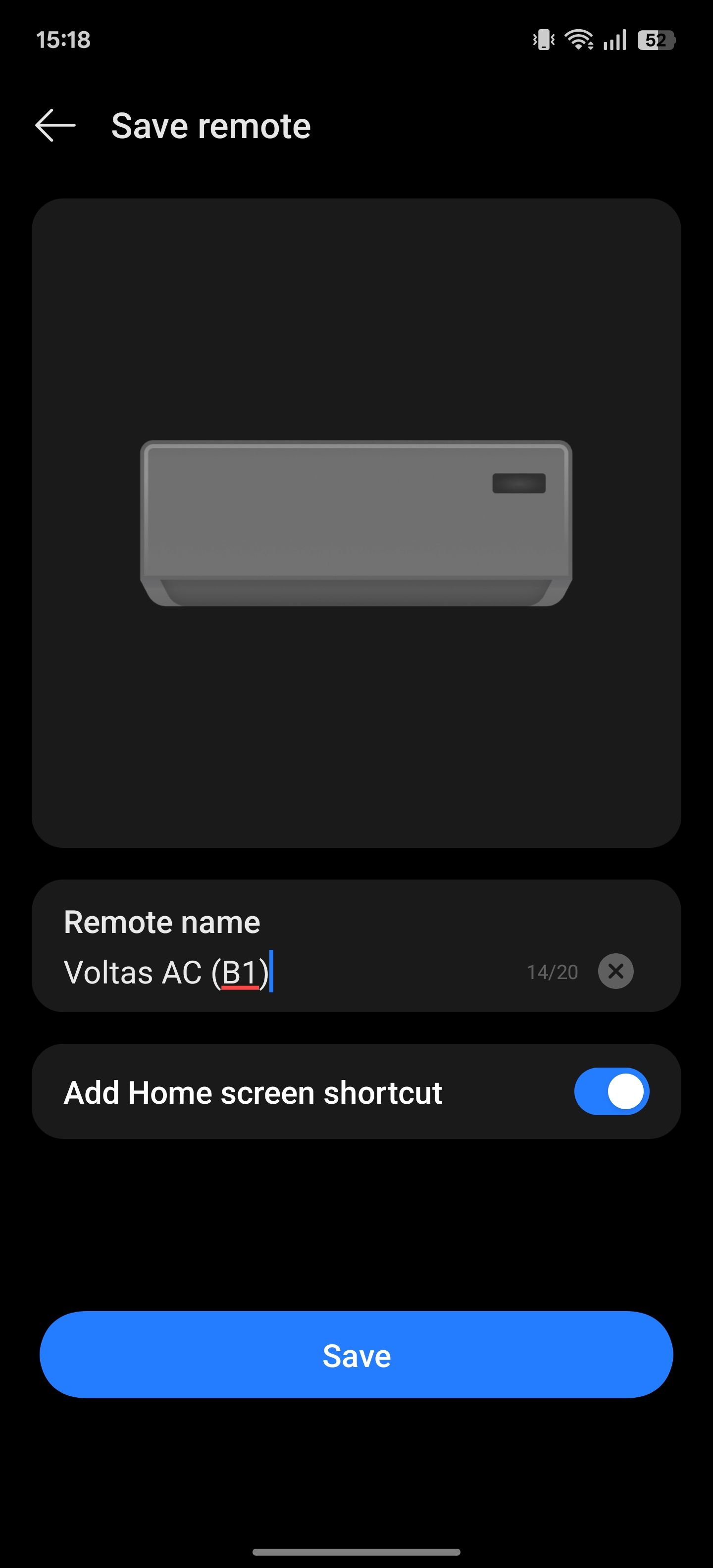 Enabling the Add Home screen shortcut option on the Save remote screen in IR Remote app.