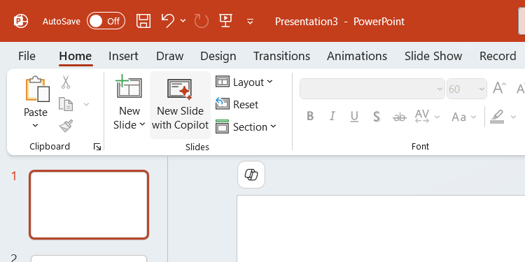 The "New Slide with Copilot" button in PowerPoint.
