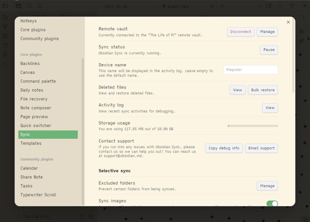 Obsidian Sync plugin in Obsidian