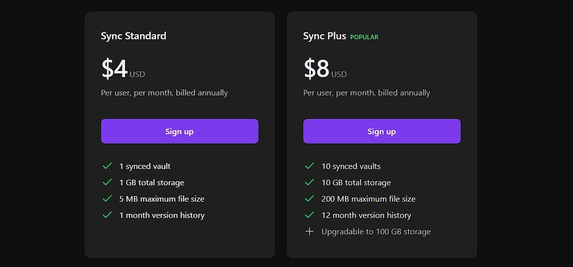 Obsidian Sync pricing plans 
