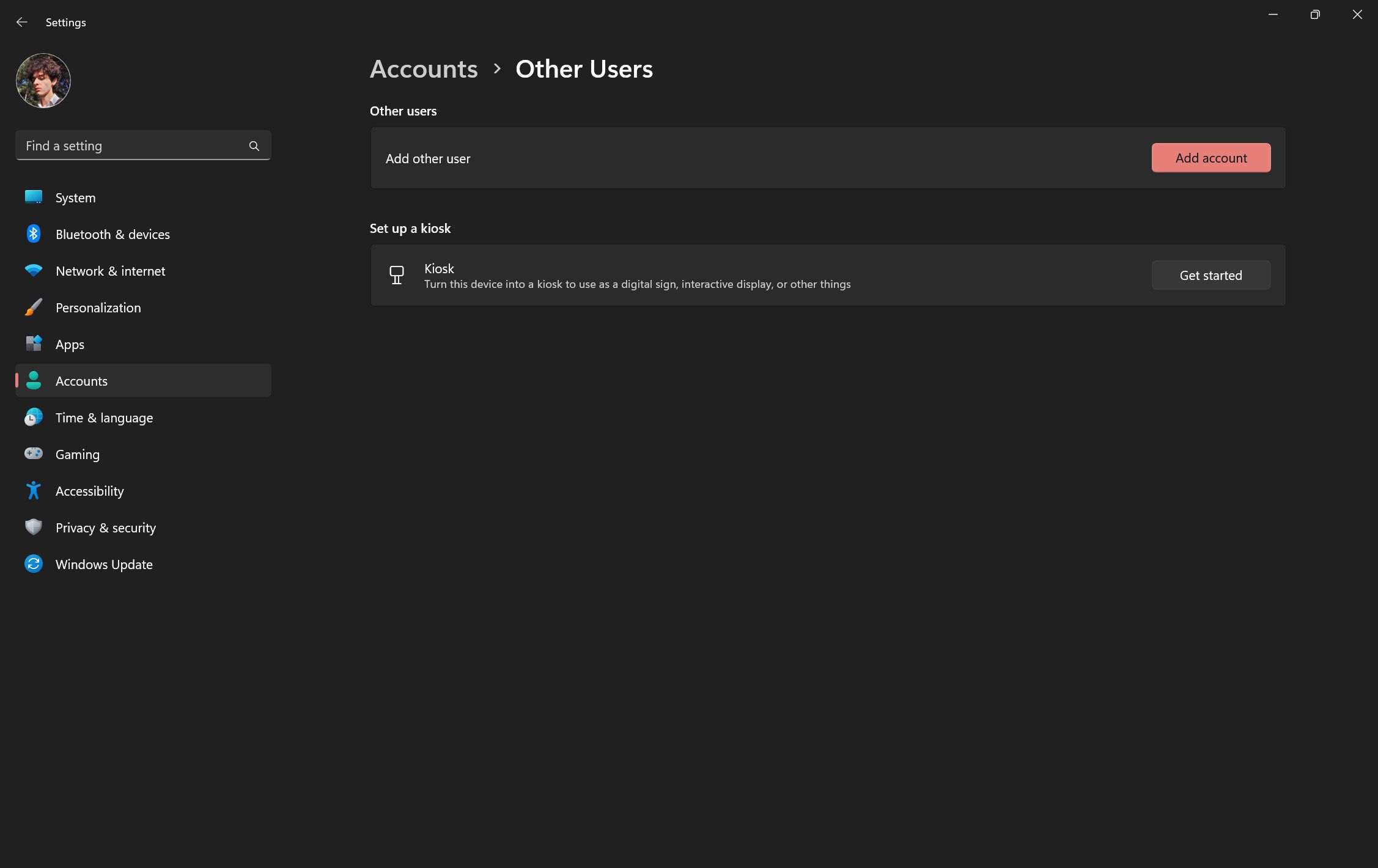 Other Users page in Windows Settings