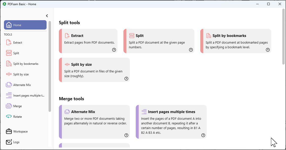 PDFsam basic home tab
