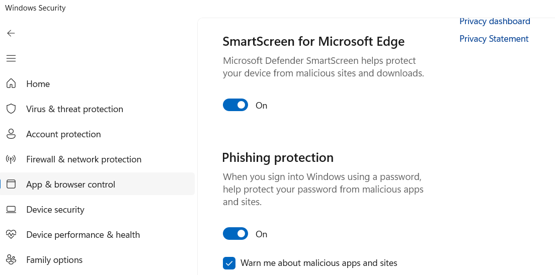 Phishing protection setting in Windows Security app