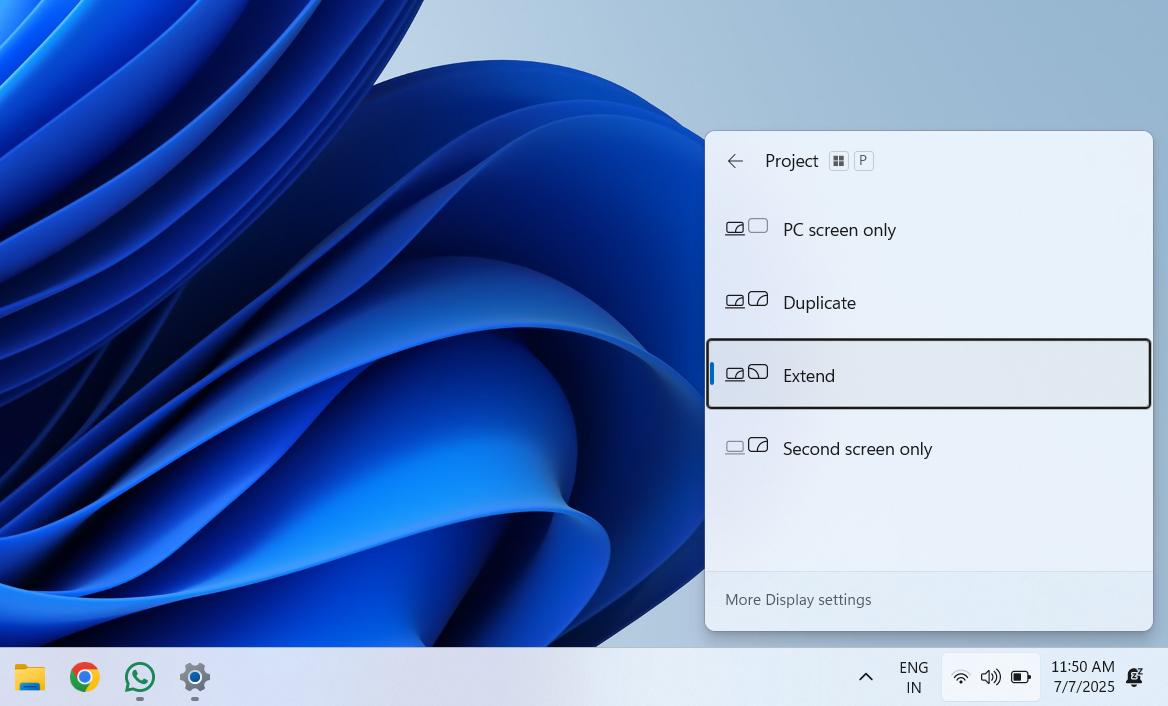 Projection settings menu in Windows 11