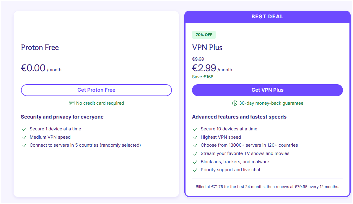 ProtonVPN free and premium plan comparison