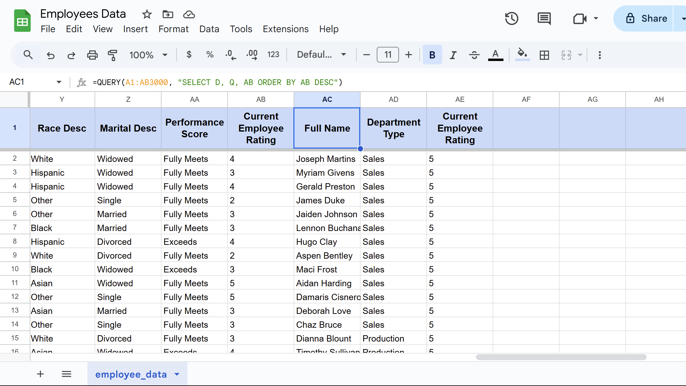 QUERY function result in Google Sheets.
