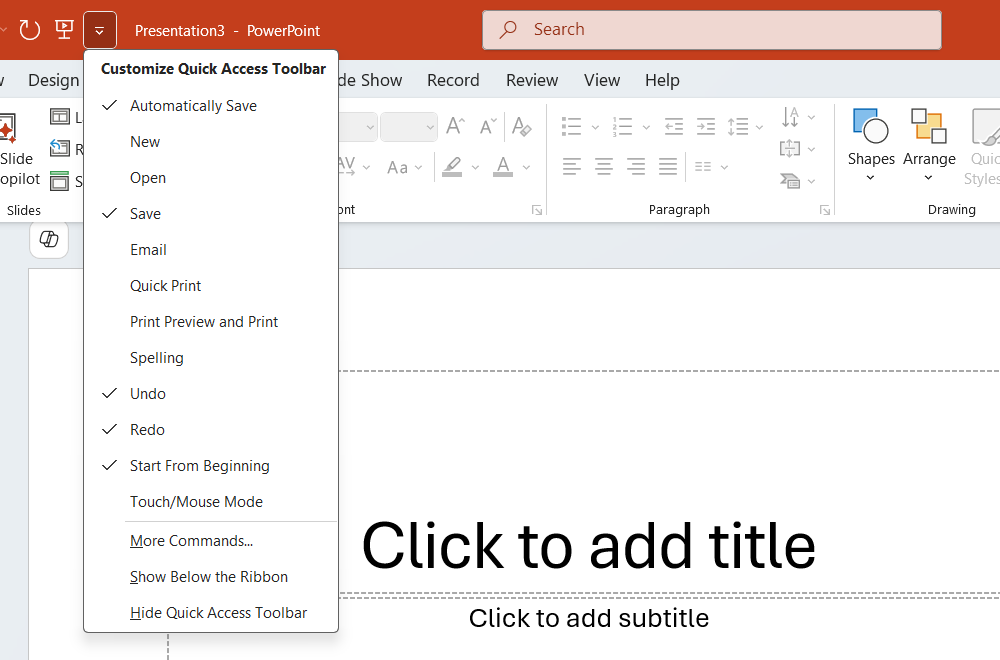 The Quick Access Toolbar in PowerPoint.