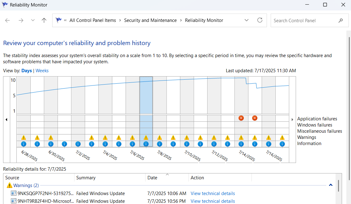 Reliability Monitor window in Windows 11