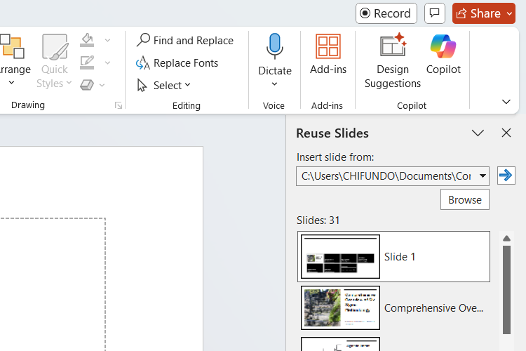 Reusing slides panel in PowerPoint.