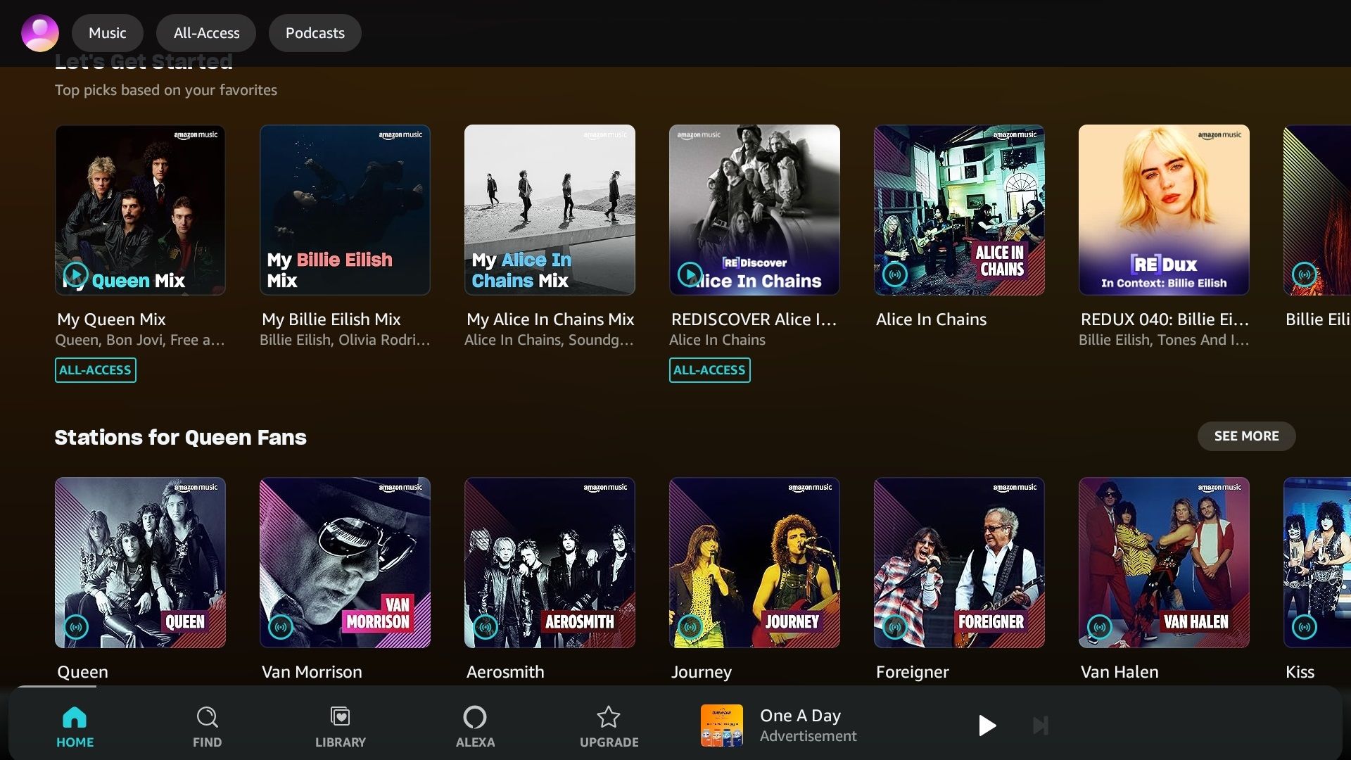 Rows of All-Access and community playlists on Amazon Music Prime
