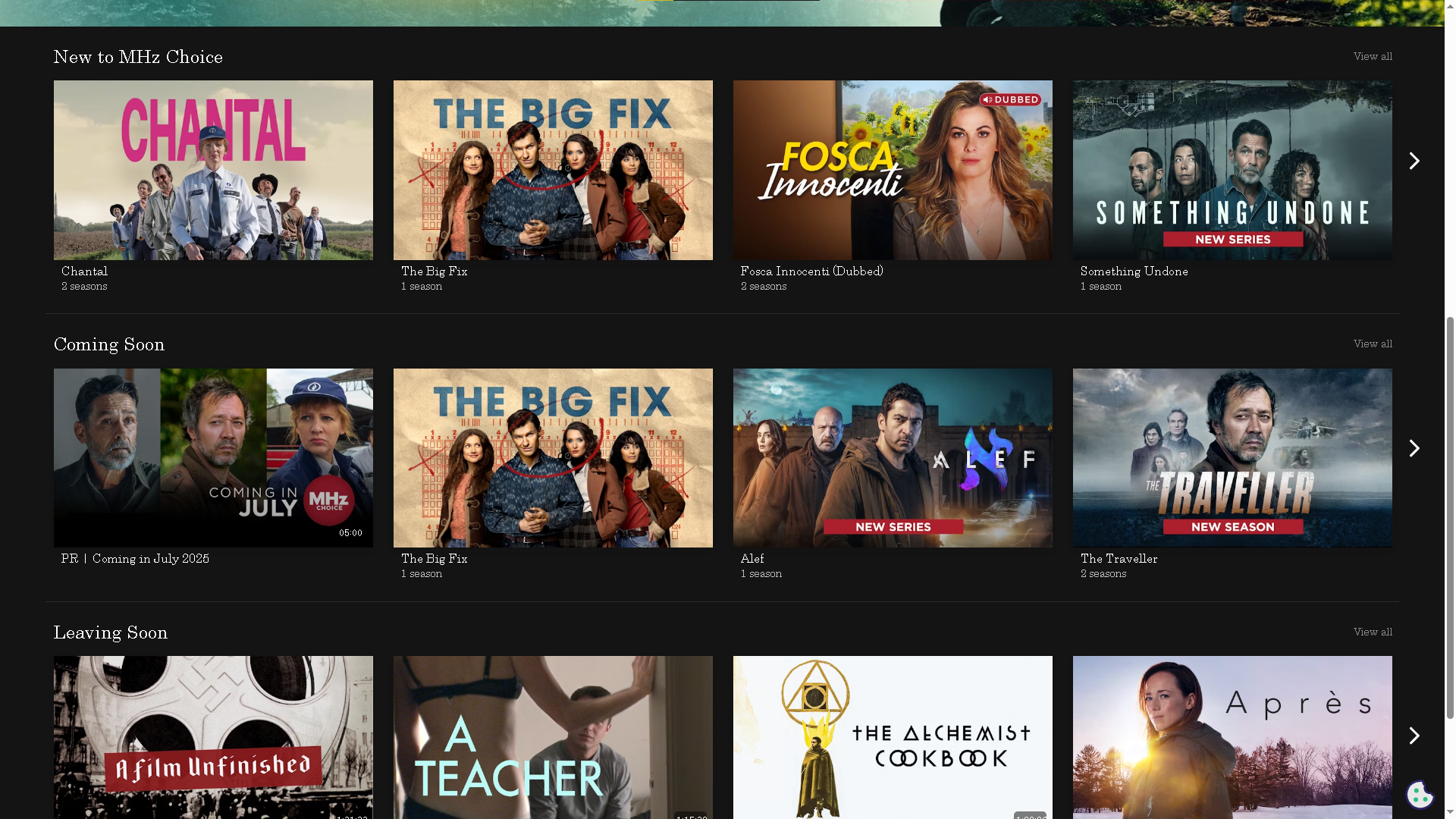 Rows of available movies and TV series on MHz Choice