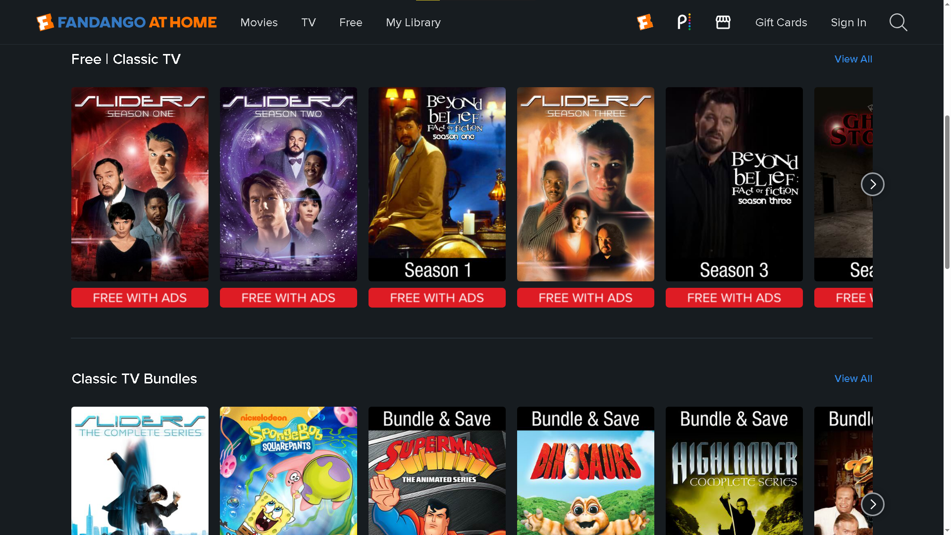 Rows of films and TV series available to watch for free on Fandango at Home