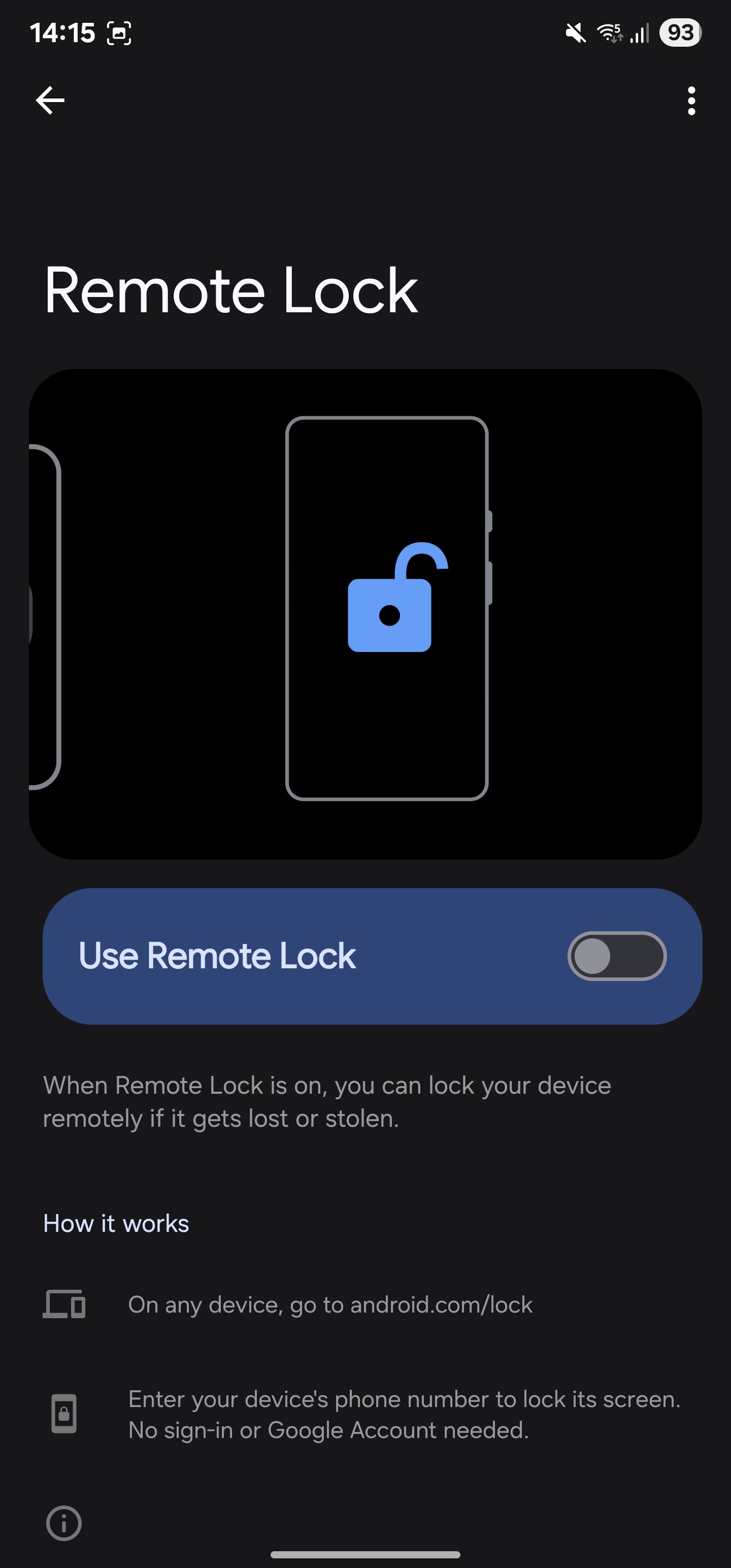 Remote Lock feature turned off on a Galaxy phone.