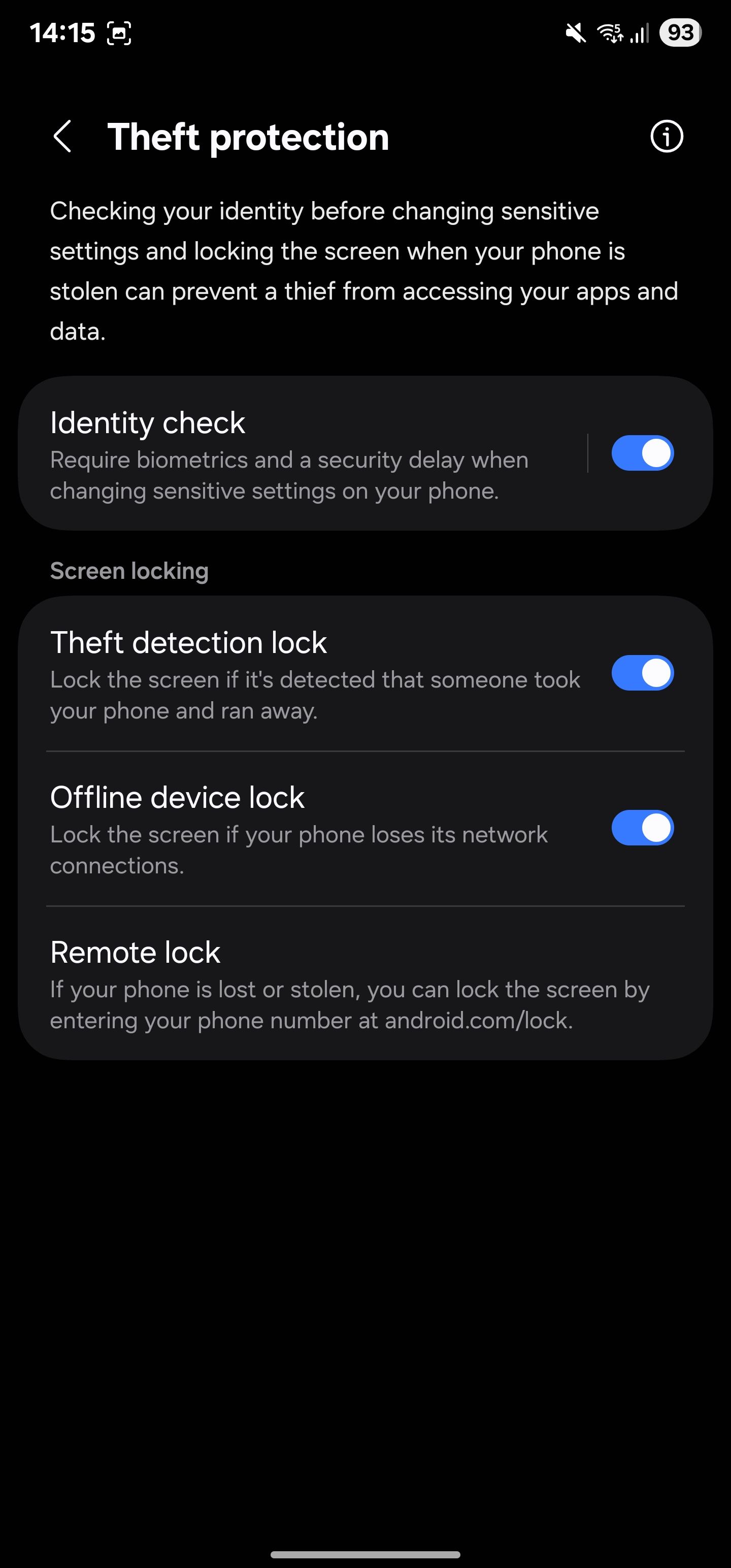 Theft protection apge with Identity check, Theft detection lock, and Offline device lock features turned on.