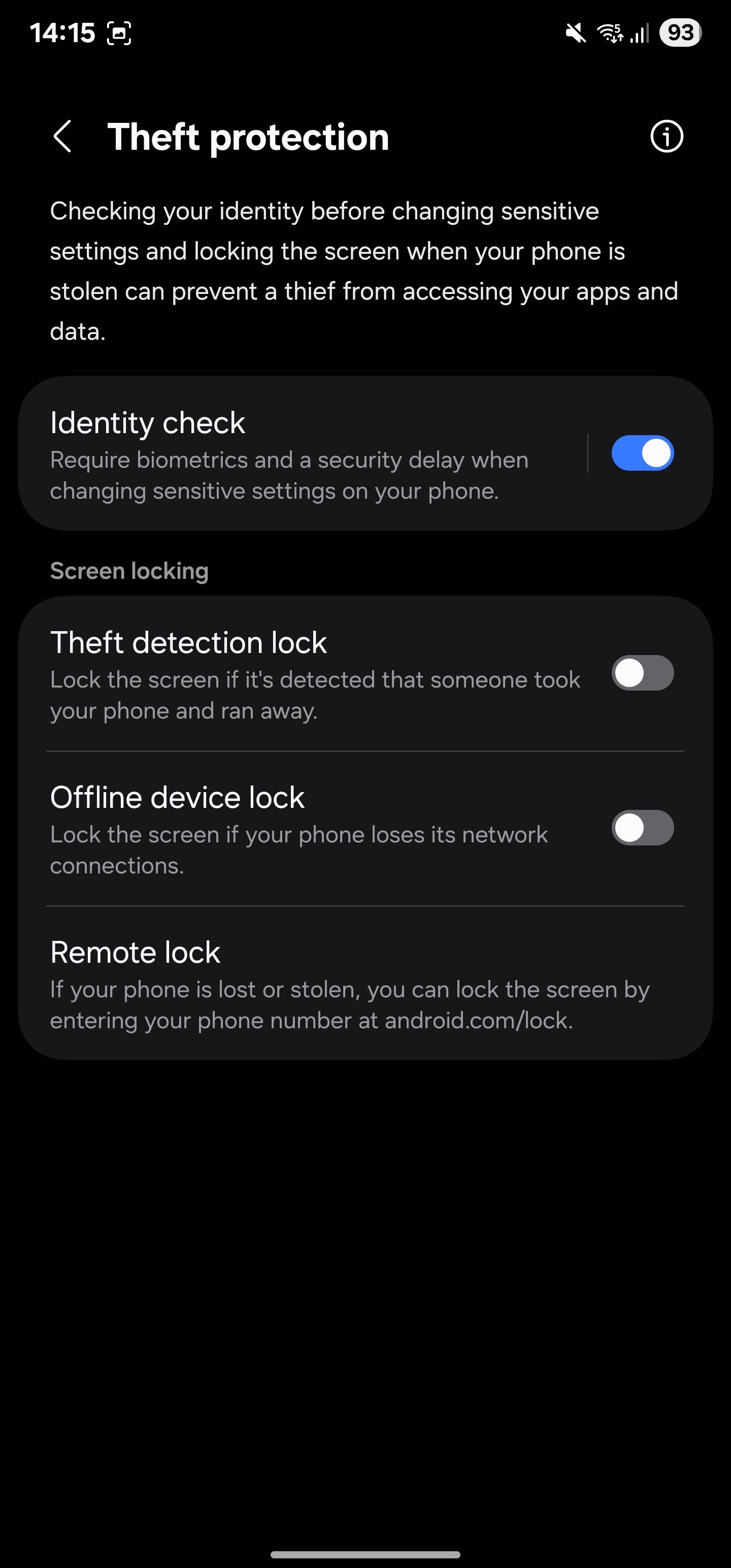 Theft protection apge with Identity check feature turned on.