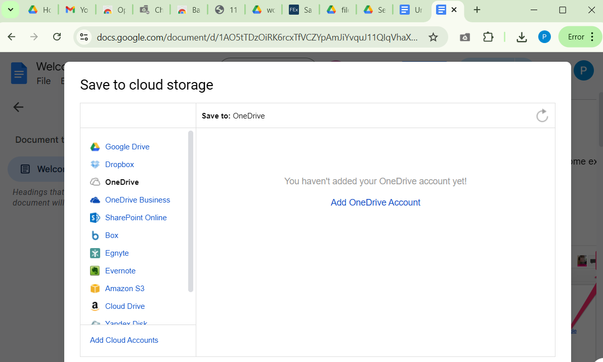 Save to cloud storage window in Chrome browser