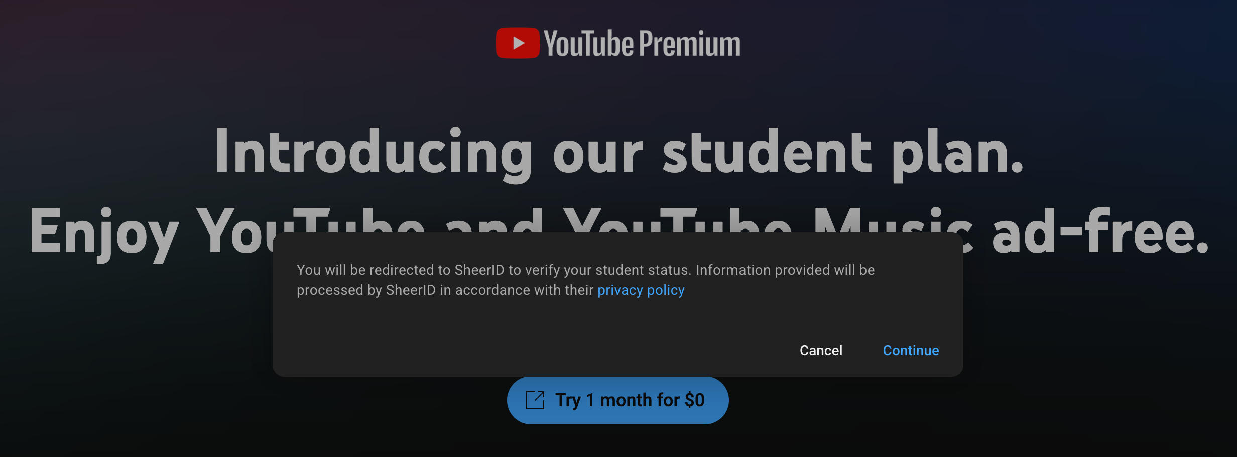 یک پاپ آپ درخواست می کند تا وضعیت دانشجویی را برای YouTube Premium تأیید کند.