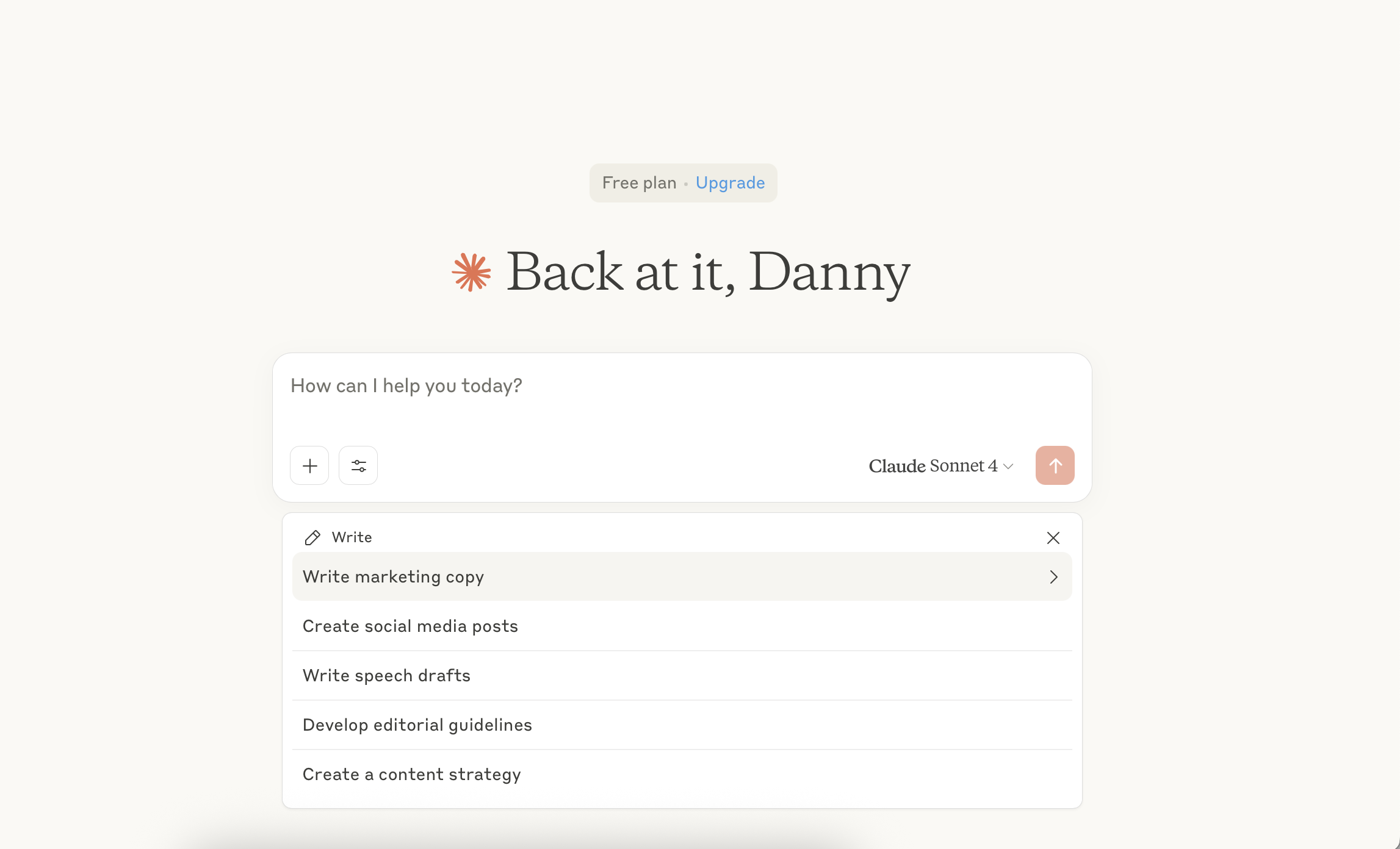 A selection of writing prompts in the Claude app